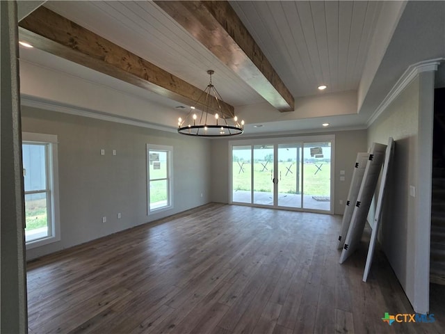 8186 S Lone Star Pkwy, Moody, TX 76657 - unfurnished living room with a wealth of natural light, a chandelier, beam ceiling, and hardwood / wood-style floors