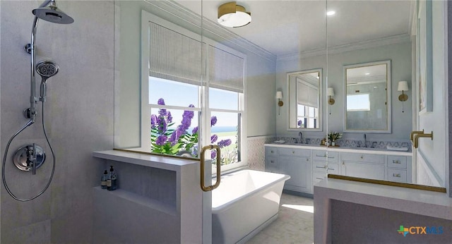 bathroom with vanity, ornamental molding, and shower with separate bathtub