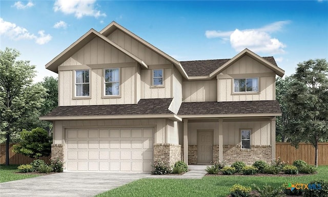 view of front of house with brick siding, concrete driveway, a garage, and fence