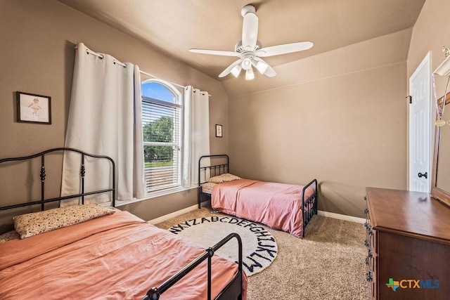 10 Long Bow Ln, Wimberley, TX 78676 - carpeted bedroom with lofted ceiling and ceiling fan