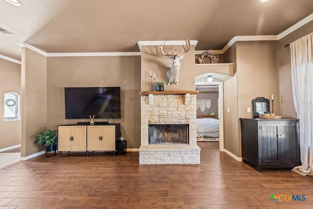 10 Long Bow Ln, Wimberley, TX 78676 - living room with dark wood-style flooring, ornamental molding, and a stone fireplace