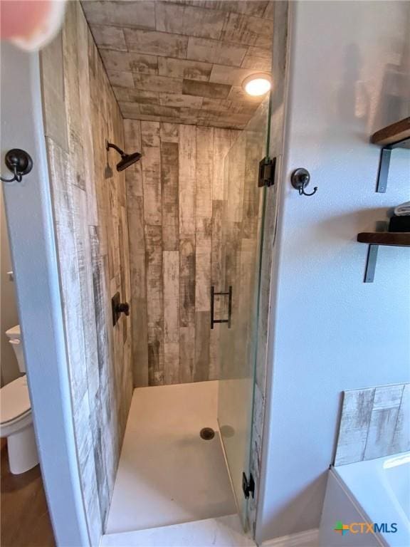 bathroom featuring a stall shower and toilet