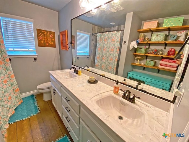 bathroom featuring wood-type flooring, vanity, toilet, and plenty of natural light