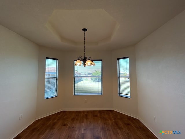 unfurnished room featuring plenty of natural light, a raised ceiling, and dark hardwood / wood-style flooring