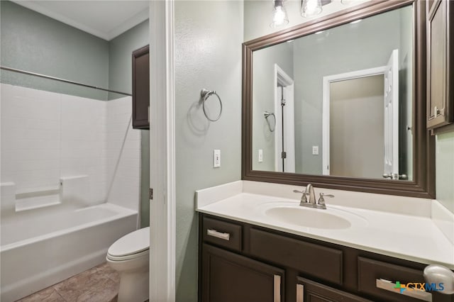 full bathroom with shower / tub combination, vanity, toilet, and tile patterned floors