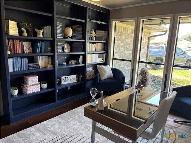 office featuring ornamental molding and wood finished floors