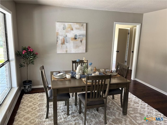 dining room with baseboards, a textured ceiling, and wood finished floors