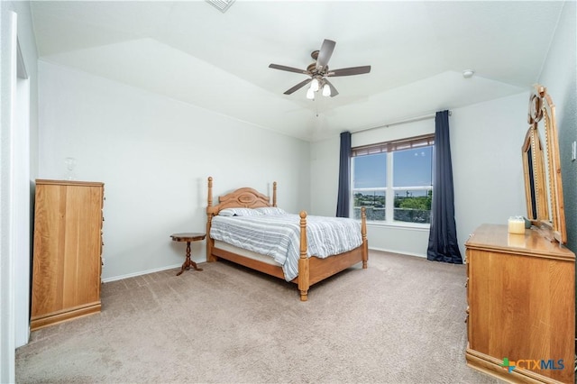 232 Pevero, Cibolo, TX 78108 - bedroom with carpet flooring, baseboards, vaulted ceiling, and a ceiling fan