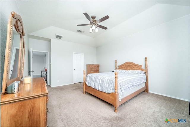 232 Pevero, Cibolo, TX 78108 - bedroom with light carpet, vaulted ceiling, baseboards, and a ceiling fan