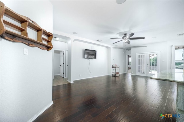 232 Pevero, Cibolo, TX 78108 - unfurnished living room with wood finished floors, ceiling fan, french doors, and baseboards