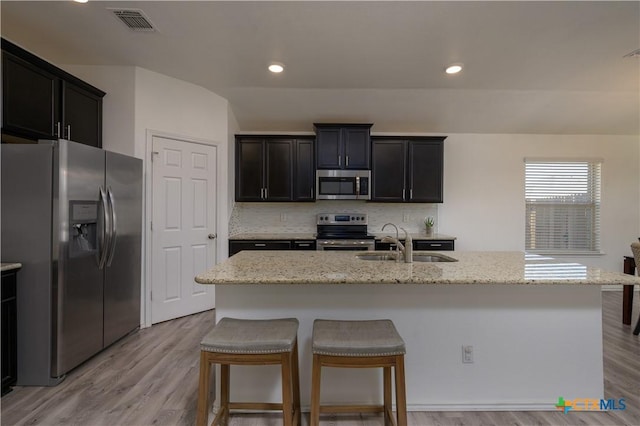 kitchen featuring tasteful backsplash, light stone counters, a kitchen island with sink, stainless steel appliances, and a sink