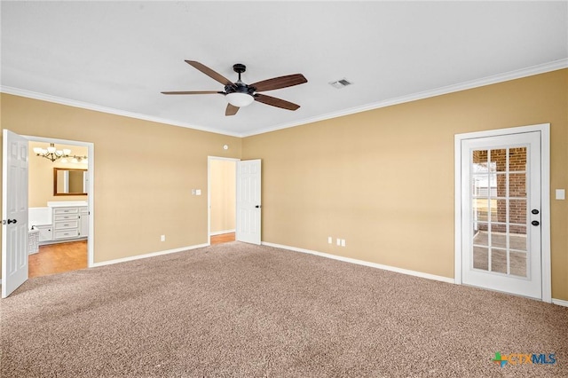 unfurnished bedroom with ensuite bath, ornamental molding, ceiling fan with notable chandelier, and light carpet