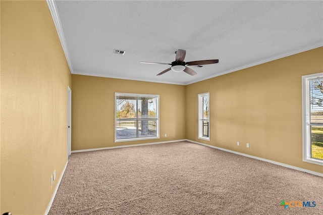 unfurnished room with crown molding, a textured ceiling, ceiling fan, and carpet flooring