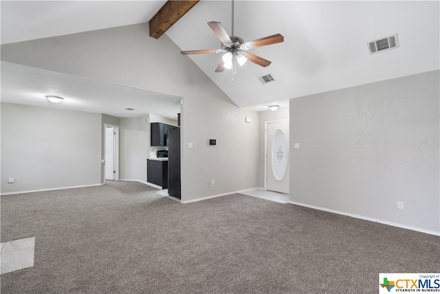 unfurnished living room featuring ceiling fan, beamed ceiling, high vaulted ceiling, and carpet