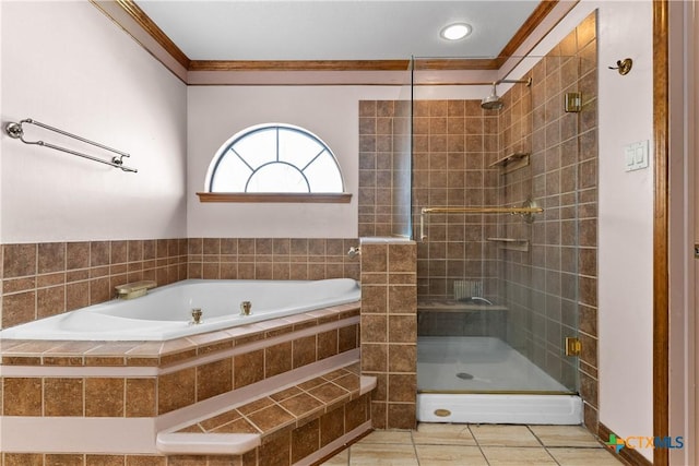 full bathroom with a stall shower, tile patterned flooring, ornamental molding, and a garden tub