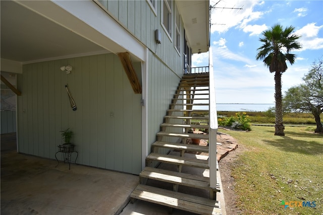 stairs with a water view