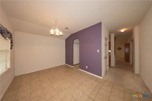 3259 Wren Brook Dr, New Braunfels, TX 78130 - empty room with a chandelier, lofted ceiling, arched walkways, and baseboards