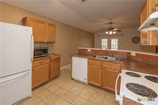 3259 Wren Brook Dr, New Braunfels, TX 78130 - kitchen featuring white appliances, a sink, under cabinet range hood, ceiling fan, and light tile patterned flooring