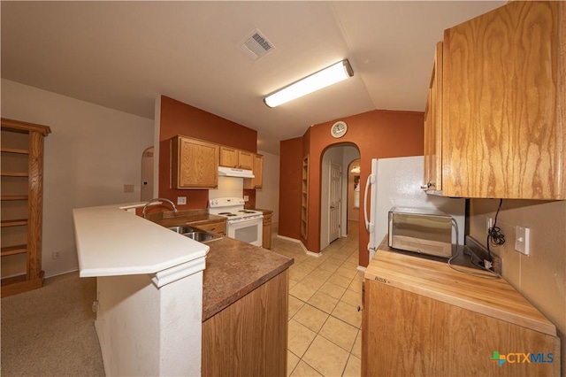 3259 Wren Brook Dr, New Braunfels, TX 78130 - kitchen featuring white appliances, a sink, under cabinet range hood, arched walkways, and vaulted ceiling