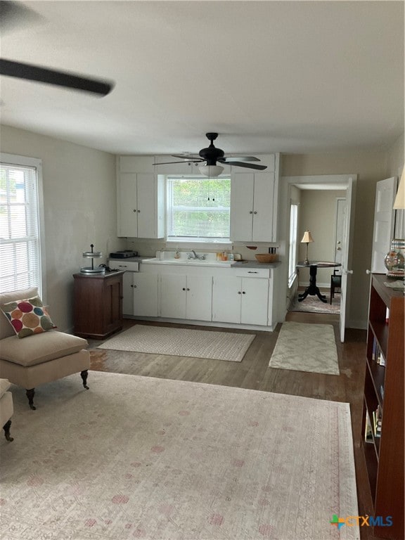 kitchen featuring white cabinetry, hardwood / wood-style flooring, and ceiling fan