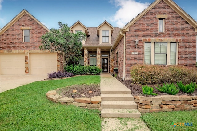26 Cotswold Ln, Victoria, TX 77904 - view of front of house with brick siding, driveway, an attached garage, a front lawn, and roof with shingles