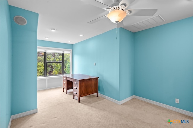 office with ceiling fan and light colored carpet