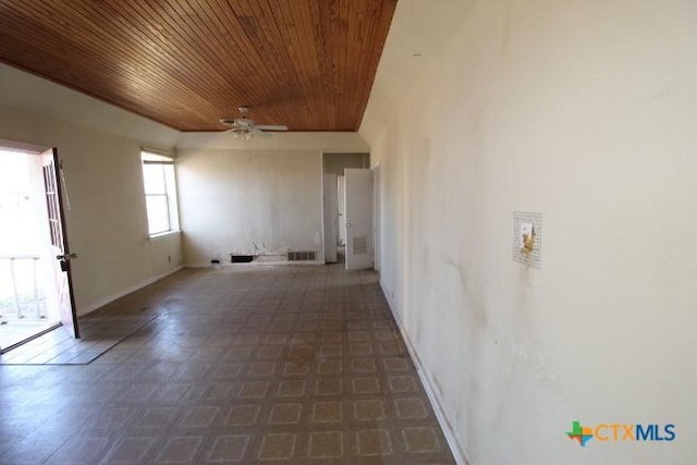 spare room featuring wooden ceiling, ceiling fan, and visible vents