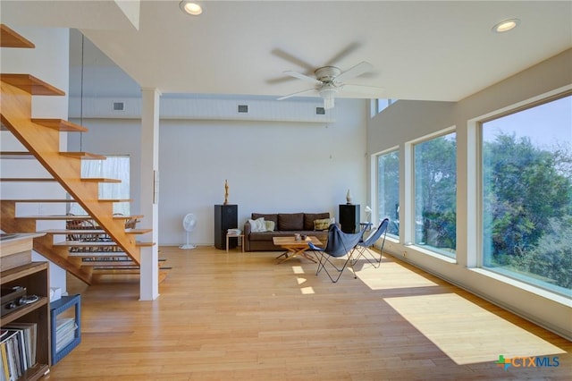 1550 Moon View Dr, New Braunfels, TX 78132 - interior space with stairway, a ceiling fan, visible vents, light wood-style flooring, and recessed lighting