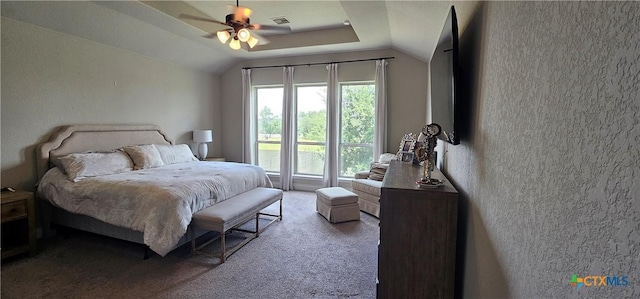 633 Vale Ct, New Braunfels, TX 78132 - bedroom with lofted ceiling, carpet floors, and ceiling fan