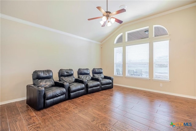 3920 Hickory Vw, Harker Heights, TX 76548 - cinema room with a ceiling fan, lofted ceiling, wood finished floors, and crown molding