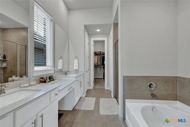 bathroom featuring double vanity, a sink, a shower stall, a walk in closet, and a bath