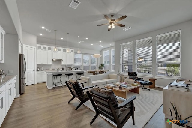 living room with visible vents, light wood-style flooring, and a healthy amount of sunlight