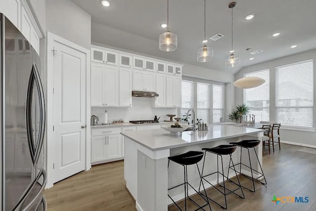 kitchen featuring under cabinet range hood, light wood-type flooring, appliances with stainless steel finishes, and light countertops