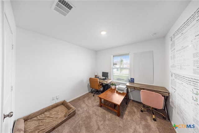 carpeted office with recessed lighting and visible vents