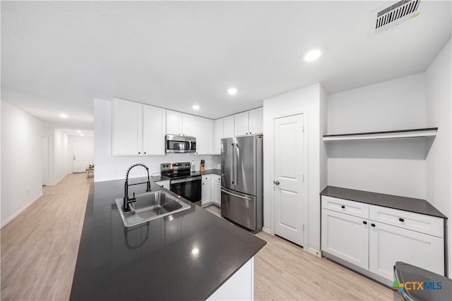 kitchen with appliances with stainless steel finishes, visible vents, a sink, dark countertops, and light wood-type flooring