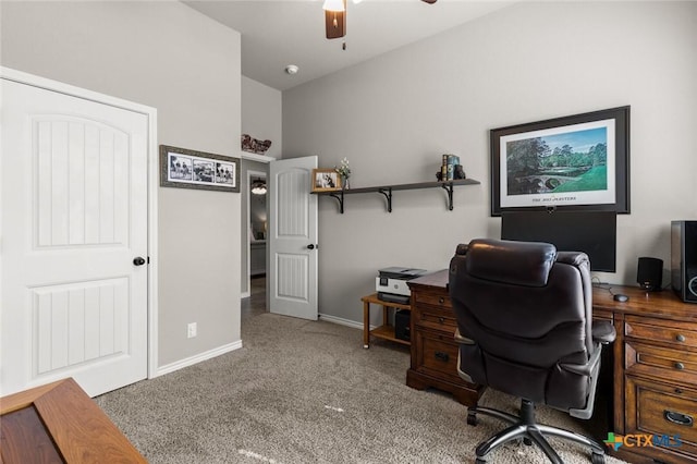 office with ceiling fan, baseboards, and carpet