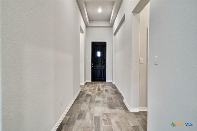 hall with a tray ceiling and light hardwood / wood-style flooring