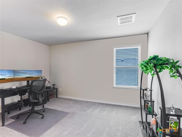 164 Flexus Ln, Liberty Hill, TX 78642 - home office with baseboards, visible vents, carpet, and a textured ceiling
