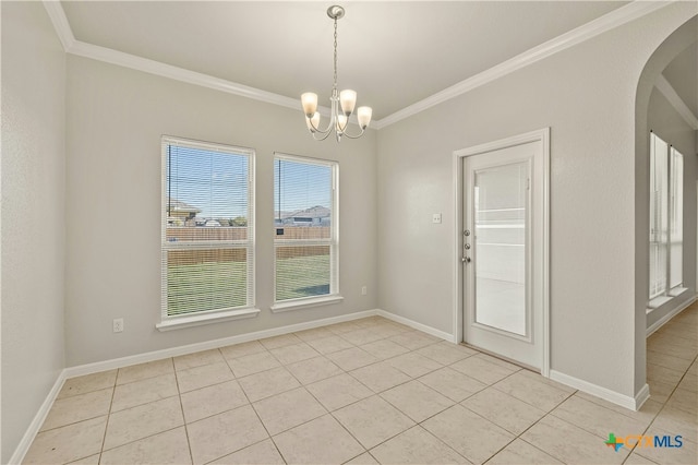 unfurnished dining area featuring crown molding, light tile patterned floors, and a notable chandelier