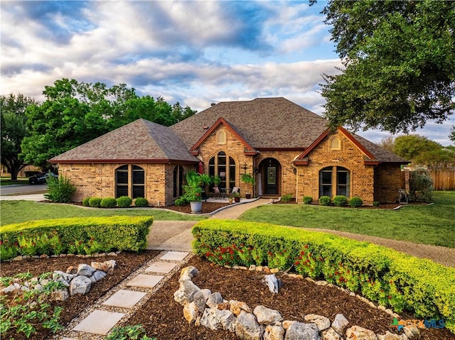 view of front of home with a shingled roof, a front yard, and brick siding