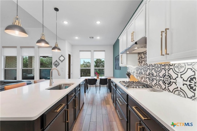 1620 Craftsman, New Braunfels, TX 78132 - kitchen with under cabinet range hood, appliances with stainless steel finishes, light countertops, white cabinets, and light wood-type flooring