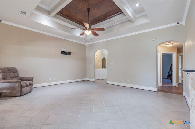 unfurnished room featuring light tile patterned floors, ceiling fan, and crown molding