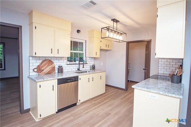 1317 N 10th St, Temple, TX 76501 - kitchen featuring stainless steel dishwasher, a sink, light wood finished floors, and tasteful backsplash