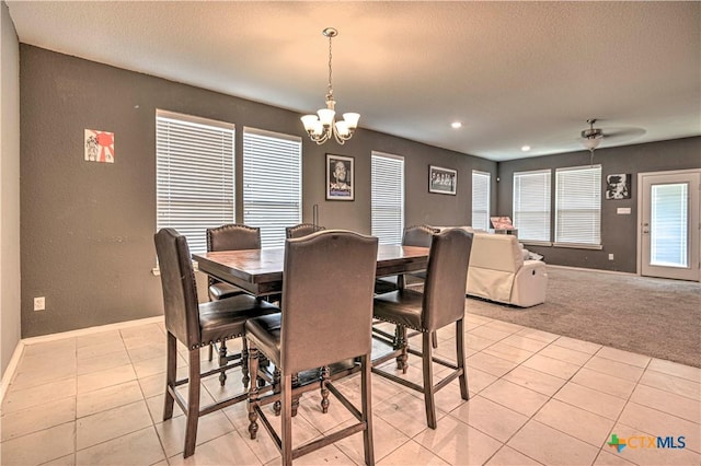 9006 Single Bend Trl, Temple, TX 76502 - dining room featuring light tile patterned floors, light colored carpet, a chandelier, recessed lighting, and a textured ceiling