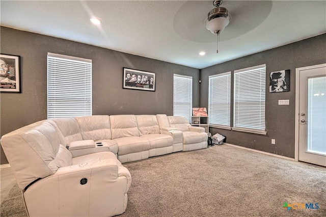 9006 Single Bend Trl, Temple, TX 76502 - living room featuring carpet flooring, a ceiling fan, recessed lighting, and a textured wall