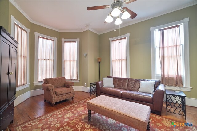 living room featuring dark hardwood / wood-style flooring, ceiling fan, and crown molding