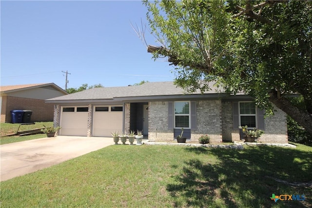 ranch-style house featuring a garage, concrete driveway, brick siding, and a front yard