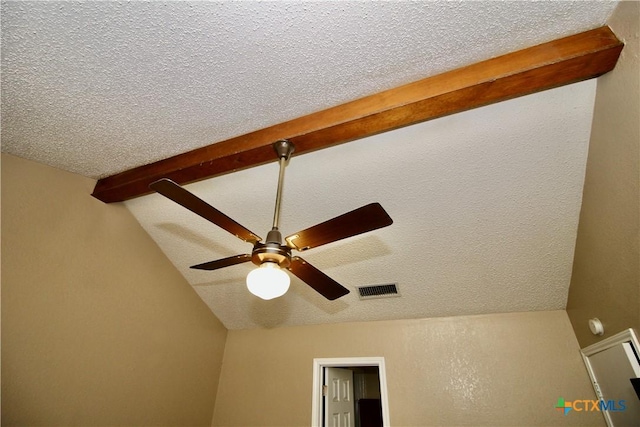 room details with beamed ceiling, a ceiling fan, a textured ceiling, and visible vents