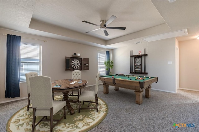 rec room featuring ceiling fan, pool table, a raised ceiling, and carpet