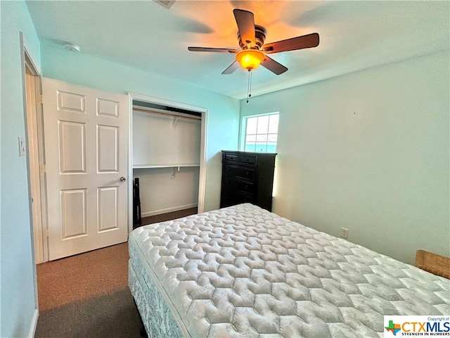 unfurnished bedroom with carpet, ceiling fan, and a closet